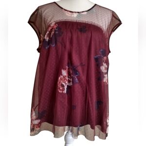 Maurices Burgandy Sheer Floral Top